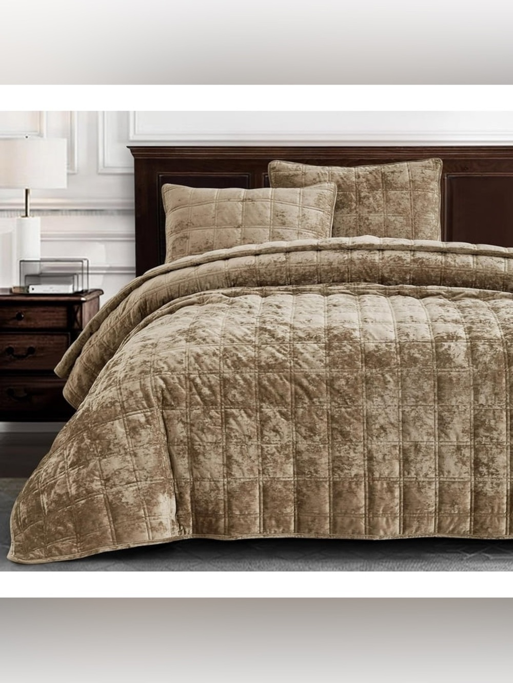 Luxury Velvet cal king 3 piece Quilted Comforter Set in Taupe